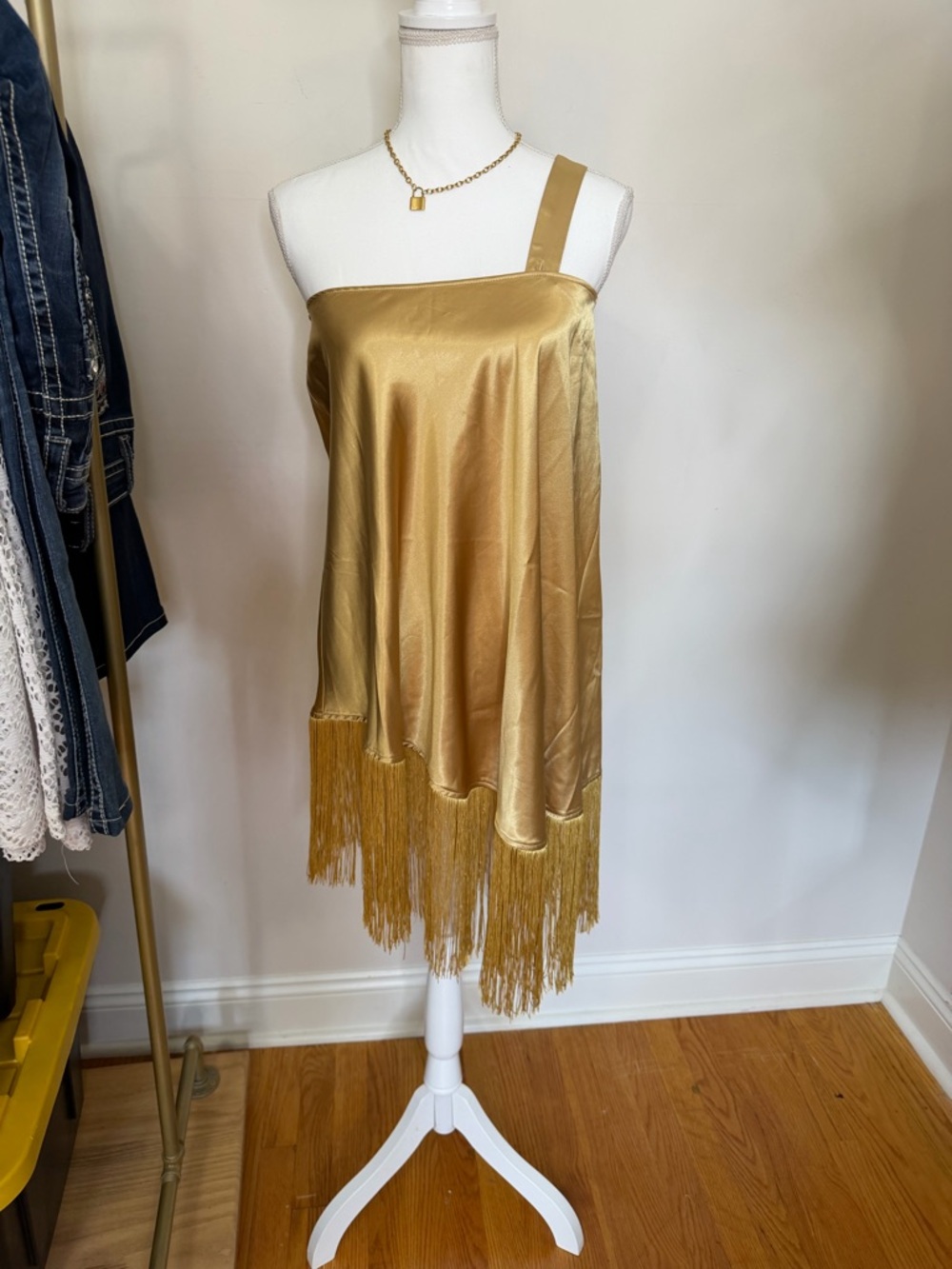 Midnight Velvet Gold Satin One-Shoulder Fringe Dress